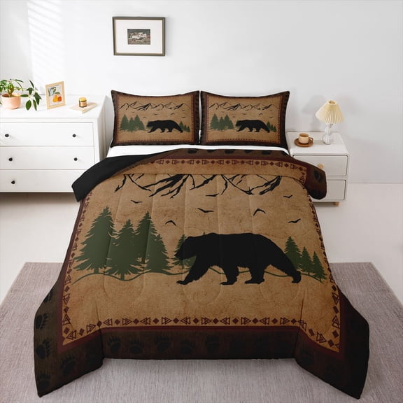 Homewish Rustic Bear Animal Queen Comforter Set for Adult, Hippie Woodland Wildlife Bedding Sets, Countryside Style Reversible Bedding Comforter Set, Ultra Soft Bedroom Decor, 3-Piece