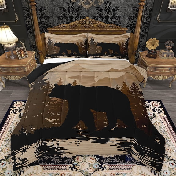 Homewish Rustic Bear Animal Queen Comforter Set, Woodland Wildlife Bedding Sets, Countryside Theme Reversible Bedding Comforter Set, Super Cozy Room Decor, 3 Pieces