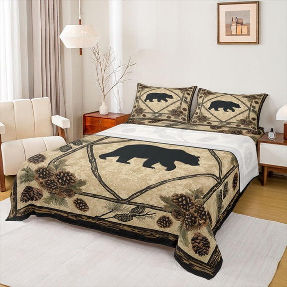 Homewish Rustic Bear Print Queen Sheet Sets for Men, Jungle Plant Botanical Flat Sheet, Hippie Western Animal Queen Fitted Sheet, Lightweight Room Decor, 4-Piece