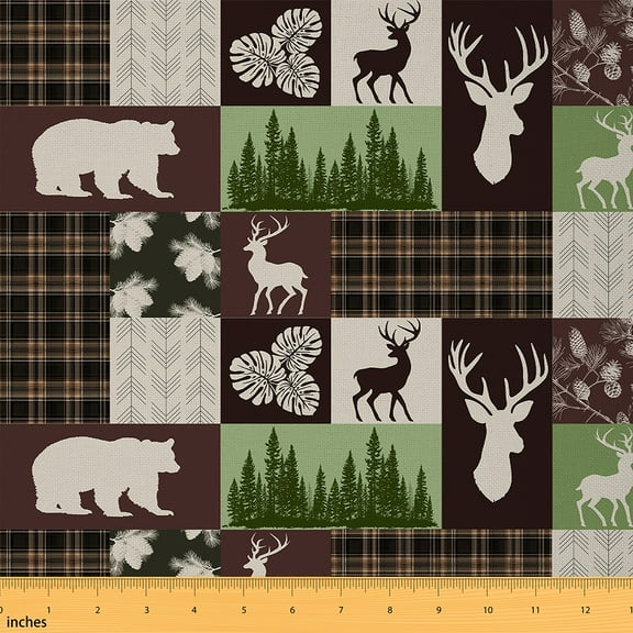 Homewish Rustic Bear Reindeer Fabric by the Yard 1 Yard, Farmhouse Countryside Room Decor Fabric by the Yard, Brown Buffalo Checkered Sewing Fabric, Breathable Home Decor