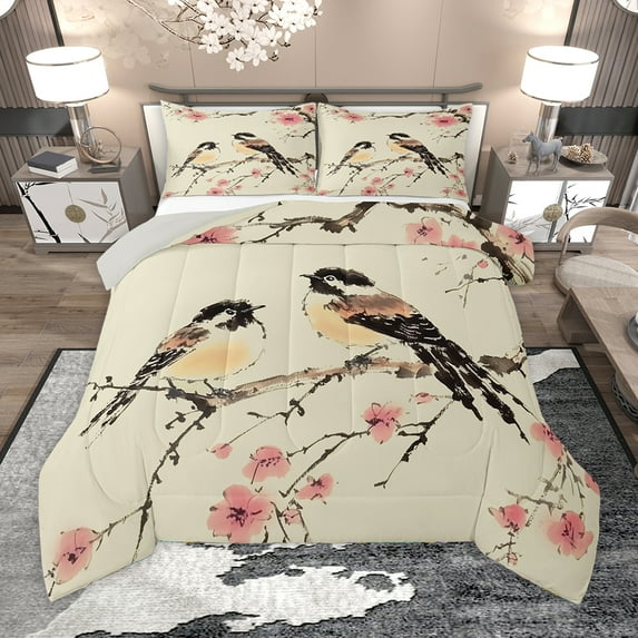 Homewish Rustic Birds Full Size Comforter Sets,Country Floral Bedding Comforter Set,Pink Cherry Blossom Bedding Sets For Girls Teens,Microfiber Bedroom Decor Reversible,3-Piece