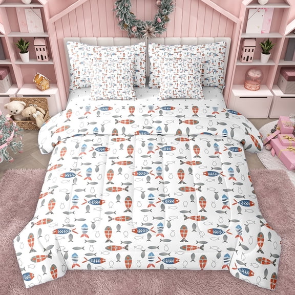 Homewish Rustic Bohemain Fish 7-Piece Twin Bedding Sets,Country Farmhouse Cabin Bedding Comforter Set,White Orange Sheet Sets For Boys Kids,Breathable Home Decor Reversible