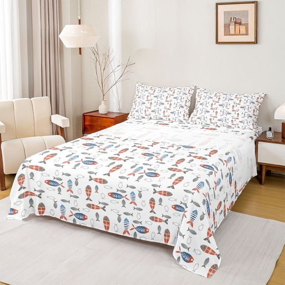 Homewish Rustic Bohemain Fish Bed Sheets,Country Farmhouse Cabin King Sheets,White Orange Sheet Set For Boys Kids,Breathable Home Decor,4 Pieces