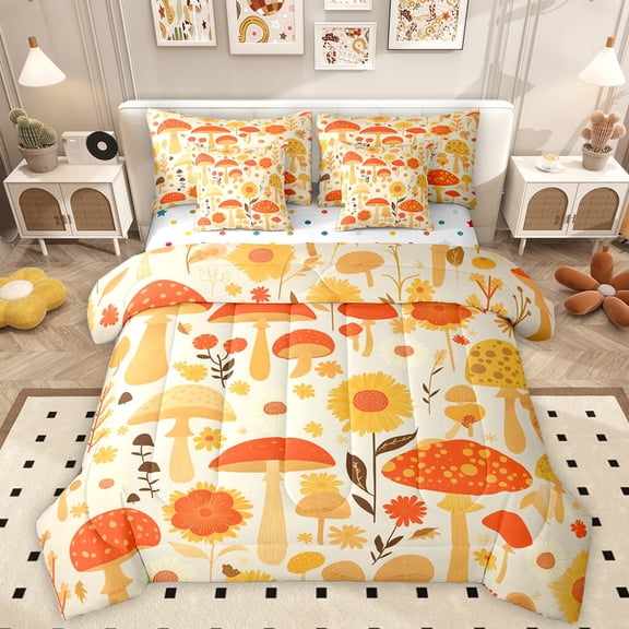 Homewish Rustic Bohemain Floral 7-Piece Bedding Comforter Set,Boho Mushroom King Bedding Sets,Yellow Orange Bed Sheets For Boys Kids,Luxury Bedroom Decor Reversible