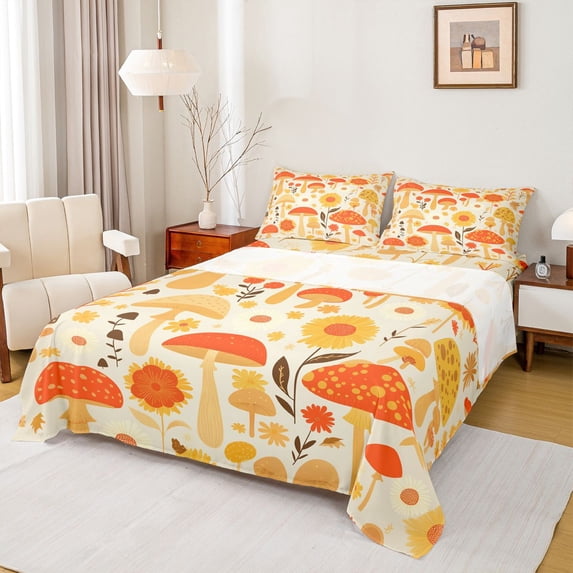 Homewish Rustic Bohemain Floral Full Size Sheets,Boho Mushroom Bed Sheets,Yellow Orange Sheet Sets For Boys Kids,Luxury Bedroom Decor,4pcs