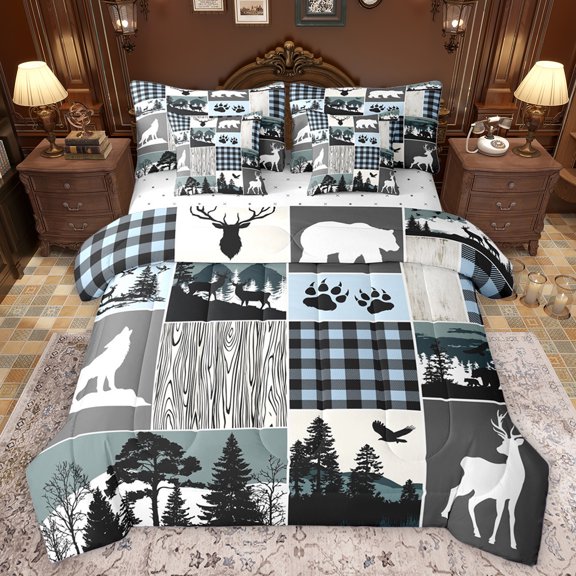 Homewish Rustic Bohemain Tribal 7-Piece Twin Bedding Sets,Safari Wolves Deer Bedding Comforter Set,Blue Gray White Sheet Sets For Men Women,Super Cozy Room Decor
