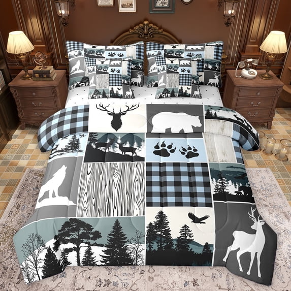 Homewish Rustic Bohemain Tribal 7 Pieces Bedding Comforter Set,Safari Wolves Deer Full Bedding Set,Blue Gray White Fitted Sheet Flat Sheet For Men Women,Super Cozy Room Decor