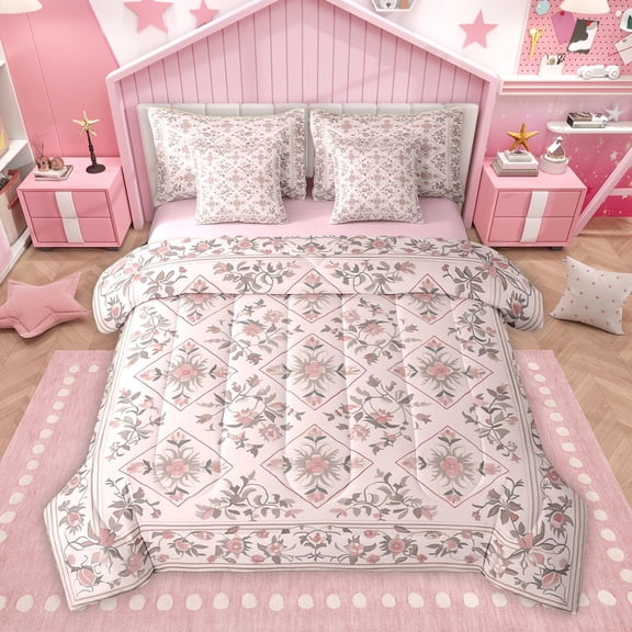 Homewish Rustic Bohemian Floral Bedding Comforter Set 7pcs, Pink Mandala Floral King Bedding Sets, Southwestern Style Reversible Bed Sheets, Super Cozy Room Decor