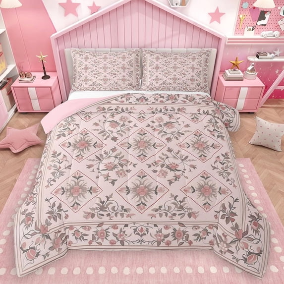 Homewish Rustic Bohemian Floral Bedding Comforter Set, Pink Mandala Floral Twin Comforter Sets, Southwestern Style Reversible Bedding Set, Super Cozy Room Decor, 2-Piece