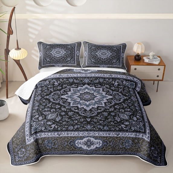 Homewish Rustic Bohemian Pattern Twin Quilt Set,Rose Floral Twin Coverlet Set,Gray Blue,2 Pieces