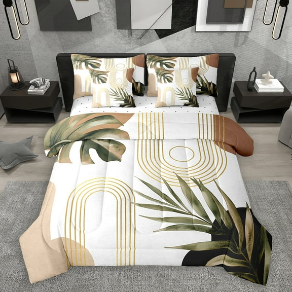 Homewish Rustic Boho Bohemain 7-Piece Twin Bedding Sets,Modern Aesthetic Artistic Bedding Comforter Set,Gold White Brown Sheet Sets For Teens,Ultra Soft Home Decor Reversible