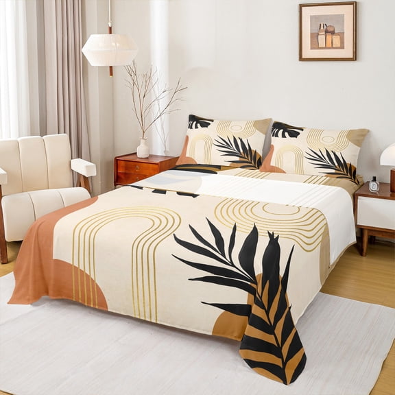 Homewish Rustic Boho Bohemain Bed Sheets,Modern Aesthetic Artistic King Sheets,Gold Brown Sheet Set For Teens,Ultra Soft Home Decor,4pcs