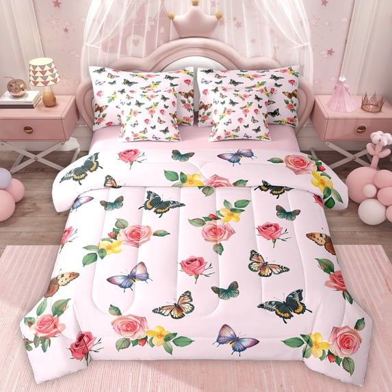 Homewish Rustic Boho Butterfly 7-Piece Bedding Comforter Set,Romantic Pink Rose King Bedding Sets,Country Floral Bed Sheets For Girls Kids,Super Cozy Room Decor Reversible