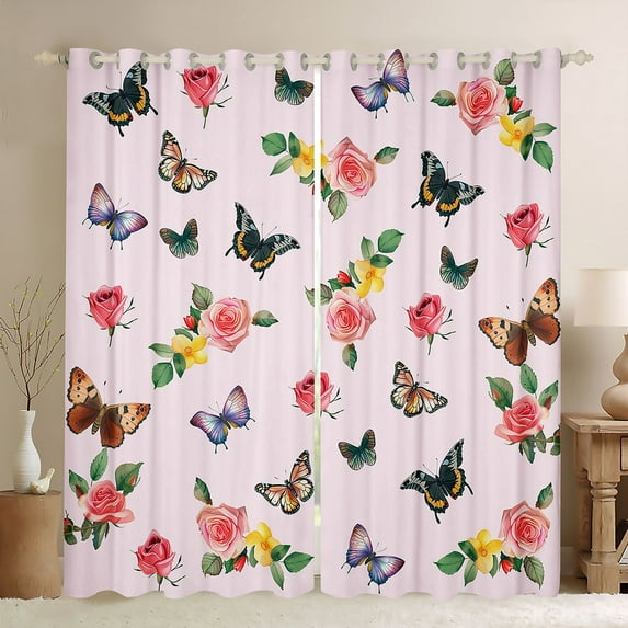 Homewish Rustic Boho Butterfly Blackout Curtains Set of 2 (52x84 Each),Romantic Pink Rose Window Curtains,Country Floral Curtains and Drapes For Girls Kids,Super Cozy Room Decor