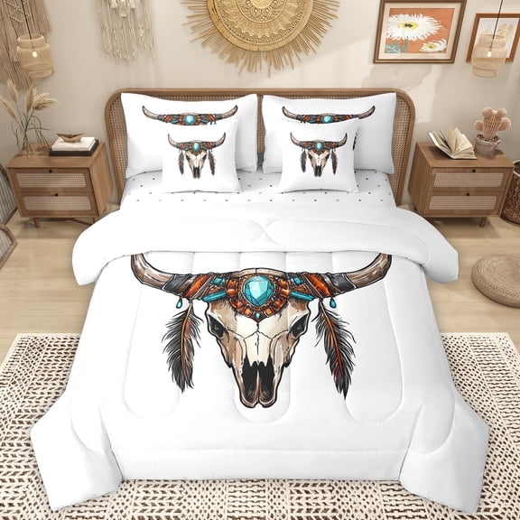 Homewish Rustic Boho Tribal 7-Piece Bedding Comforter Set,Western Bull Skull King Bedding Sets,Bohemian Style Bed Sheets For Boys,Breathable Home Decor Reversible