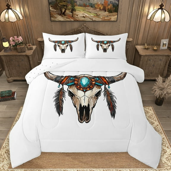 Homewish Rustic Boho Tribal Bedding Comforter Set,Western Bull Skull Twin Comforter Sets,Bohemian Style Bedding Set For Boys,Breathable Home Decor Reversible,2 Pieces
