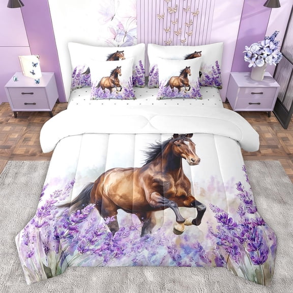 Homewish Rustic Brown Horse Bedding Comforter Set 7pcs, Purple Lavender Floral Queen Bedding Sets, Fashion Animal Queen Sheet Sets, Lightweight Room Decor