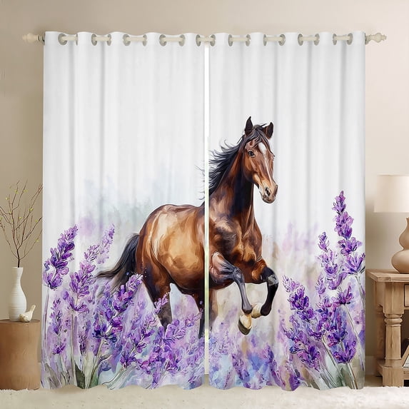 Homewish Rustic Brown Horse Black Out Curtains, Purple Lavender Floral Curtains Pack of 2 (42x63 Each), Fashion Animal Bedroom Curtains, Blackout Curtains Room Decor