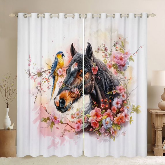 Homewish Rustic Brown Horse Blackout Curtains Set of 2 (52x84 Each), Jungle Horse Animal Window Curtains, Pink Blossoms Flower Floral Curtains and Drapes, Curtains and Drapes Bedroom Decor