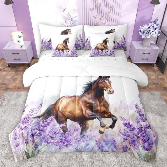 Homewish Rustic Brown Horse Twin Bedding Sets 7-Piece, Purple Lavender Floral Bedding Comforter Set, Fashion Animal Sheet Sets, Lightweight Room Decor