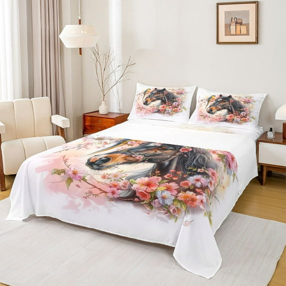 Homewish Rustic Brown Horse Twin Sheet Sets, Jungle Horse Animal Twin Fitted Sheet, Pink Blossoms Flower Floral Flat Sheet, Microfiber Bedroom Decor, 3 Pieces