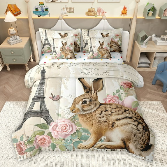Homewish Rustic Brown Rabit Bedding Comforter Set 7 Pieces, Vintage Rustic Rose Full Bedding Set, Paris Eiffel Tower Reversible Fitted Sheet Flat Sheet, Luxury Bedroom Decor