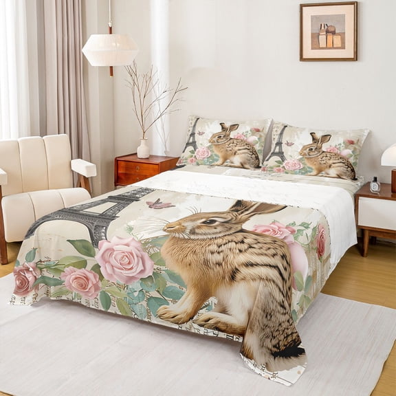 Homewish Rustic Brown Rabit Queen Sheet Sets, Vintage Rustic Rose Flat Sheet, Paris Eiffel Tower Queen Fitted Sheet, Luxury Bedroom Decor, 4 Pieces