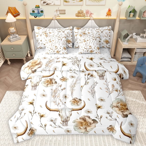 Homewish Rustic Bull Skull 7pcs Bedding Comforter Set,Country Floral Queen Bedding Sets,White Brown Queen Sheet Sets For Teens,Ultra Soft Home Decor Reversible