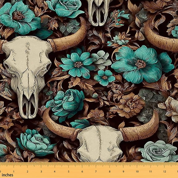 Homewish Rustic Bull Skull Fabric by the Yard 1 Yard,Blue Flower Florall Home Decor Fabric by the Yard,Autumn Fall Leaves Sewing Fabric For Boys Teens,Ultra Soft Home Decor