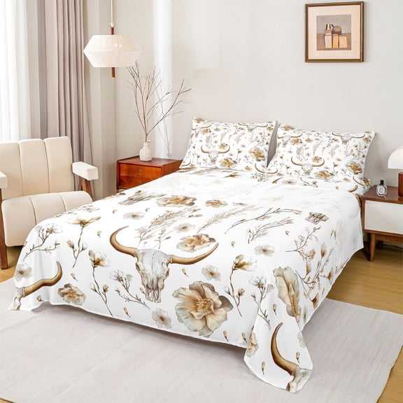 Homewish Rustic Bull Skull Twin Sheet Sets,Country Floral Twin Fitted Sheet,White Brown Flat Sheet For Teens,Ultra Soft Home Decor,3pcs