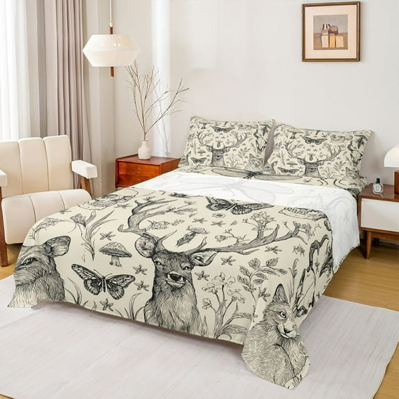 Homewish Rustic Butterfly Dragonfly Full Size Sheets,Jungle Animal Deer Bed Sheets,Beige Black Sheet Sets For Boys,Breathable Home Decor,4pcs