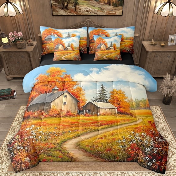 Homewish Rustic Cabin Bedding Comforter Set 7-Piece for Teens Boys Girls,Retro Cottage King Bedding Sets,Happy Fall Autumn Ultra Soft Bed Sheets,Ultra Soft Home Decor,Reversible