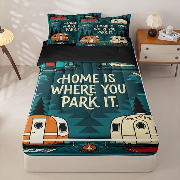 Homewish Rustic Cabin Camper Zipper Twin Comforter Sets with Fitted Sheet and 2 Pillowcases,Cartoon Camping RV Zipper Bedding Set For Boys Kids,Black Reversible,4 Pieces