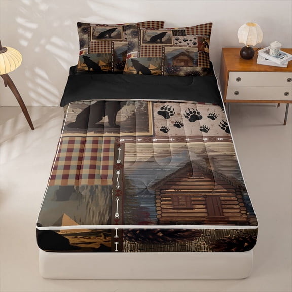 Homewish Rustic Cabin Wolf Patchwork Print Zipper Twin Comforter Sets with Fitted Sheet and 2 Pillowcases,Lodge Style Zipper Bedding Set For Men And Women,Reversible,4 Pieces