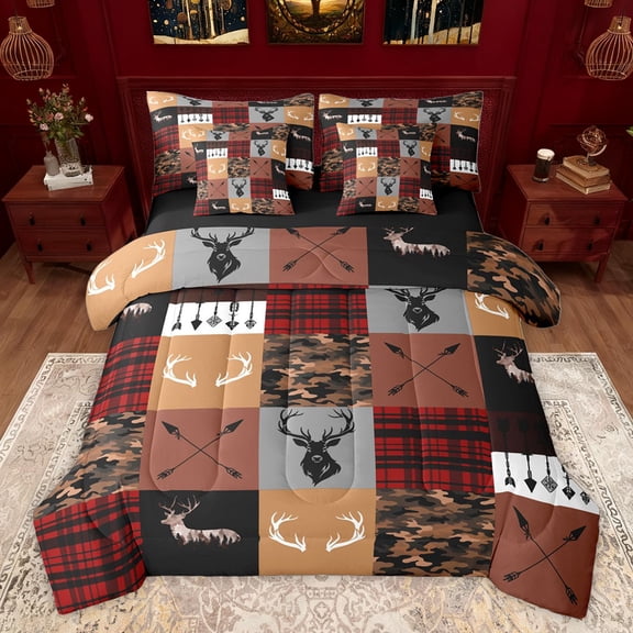 Homewish Rustic Cameflage Bedding Comforter Set 7pcs, Hunting Wildlife Deer Queen Bedding Sets, Red Buffalo Patchwork Reversible Queen Sheet Sets, Luxury Bedroom Decor