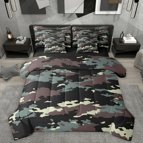 Homewish Rustic Camo 7-Piece Twin Bedding Sets,Country Farmhouse Lodge Bedding Comforter Set,Green Brown Black Sheet Sets For Boys Kids,Ultra Soft Home Decor Reversible