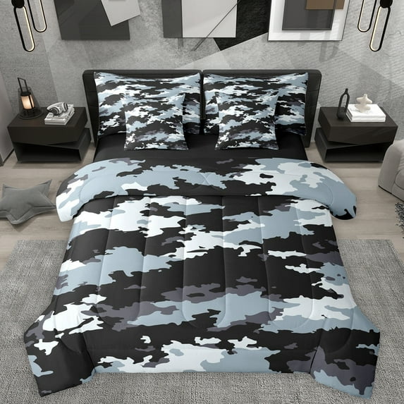 Homewish Rustic Camo 7-Piece Twin Bedding Sets,Vintage Country Camouflage Bedding Comforter Set,Black Gray Sheet Sets For Boys Kids,Ultra Soft Home Decor Reversible