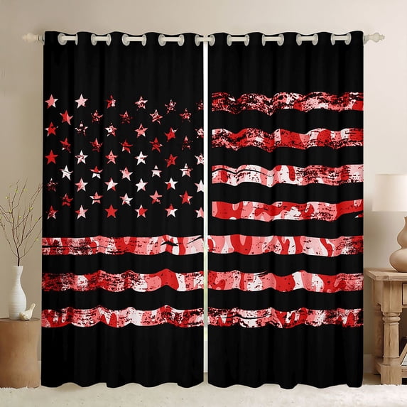 Homewish Rustic Camo Camouflage Blackout Curtains Set of 2 (52x84 Each),American Falg Pattern Window Curtains,Red Black Curtains and Drapes For Teens,Super Cozy Room Decor