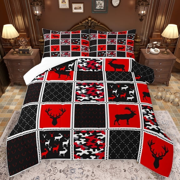 Homewish Rustic Camo Camouflage Full Size Comforter Sets,Jungle Wildlife Deer Bedding Comforter Set,Red Black Checkered Bedding Sets For Adults,Super Cozy Room Decor,3pcs