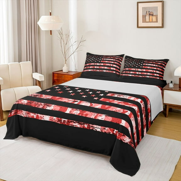 Homewish Rustic Camo Camouflage Full Size Sheets,American Falg Pattern Bed Sheets,Red Black Sheet Sets For Teens,Super Cozy Room Decor,4pcs