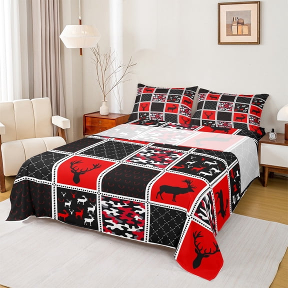 Homewish Rustic Camo Camouflage Full Size Sheets,Jungle Wildlife Deer Bed Sheets,Red Black Checkered Sheet Sets For Adults,Super Cozy Room Decor,4pcs