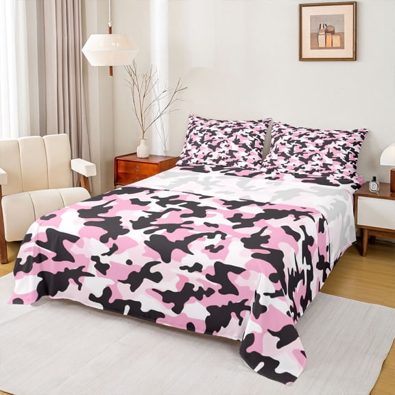 Homewish Rustic Camo Print Full Size Sheets,Country Farmhouse Lodge Bed Sheets,Pink Black White Sheet Sets For Girls Kids,Super Cozy Room Decor,4-Piece