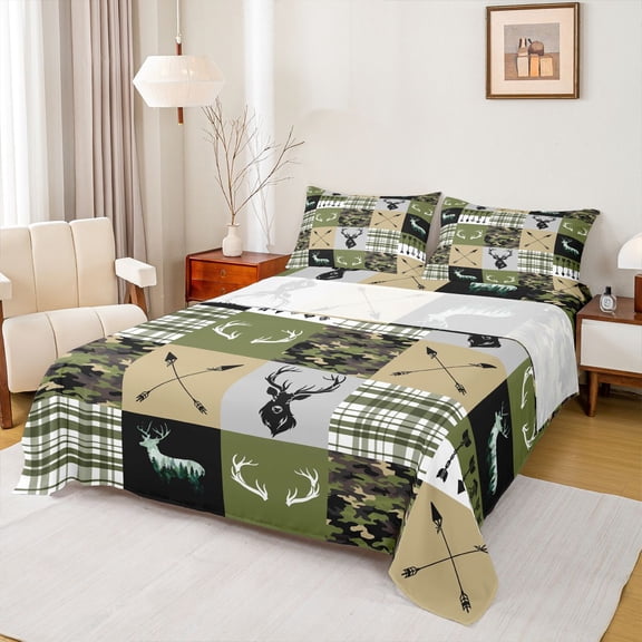 Homewish Rustic Camoflage Bed Sheets, Hunting Wildlife Deer King Sheets, Green Buffalo Patchwork Sheet Set, Ultra Soft Bedroom Decor, 4pcs