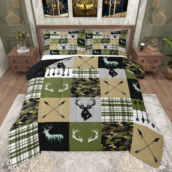 Homewish Rustic Camoflage Queen Comforter Set, Hunting Wildlife Deer Bedding Sets, Green Buffalo Patchwork Reversible Bedding Comforter Set, Ultra Soft Bedroom Decor, 3pcs