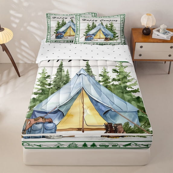 Homewish Rustic Camping Adventure Zipper Twin Comforter Sets with Fitted Sheet and 2 Pillowcases,Rustic Country Style Zipper Bedding Set For Boys Kids,Reversible,4-Piece