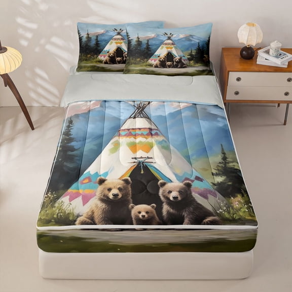 Homewish Rustic Camping Adventure Zipper Twin Comforter Sets with Fitted Sheet and 2 Pillowcases,Wild Animal Bear Zipper Bedding Set For Boys Kids,Lightgray Reversible,4-Piece