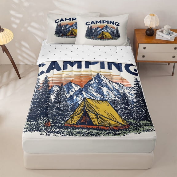 Homewish Rustic Camping Camper Zipper Twin Comforter Sets with Fitted Sheet and 2 Pillowcases,Mountain Adventure Theme Zipper Bedding Set For Boys Kids,Reversible,4-Piece