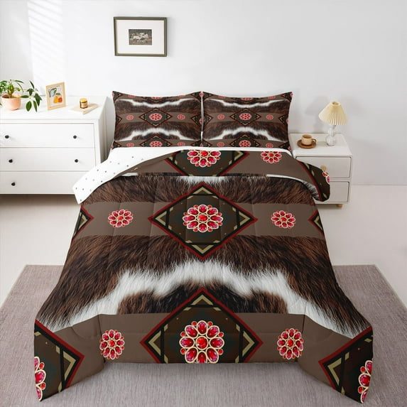 Homewish Rustic Cattle Hide Queen Comforter Set,Boho Bohemain Tribal Bedding Sets,Red Diamond Bedding Comforter Set For Men Women,Breathable Home Decor Reversible,3-Piece