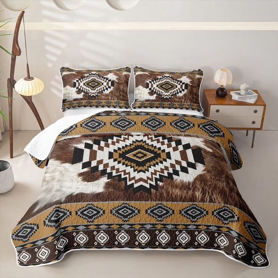 Homewish Rustic Cattle Hide Twin Quilt Set,Boho Farm Animals Print Twin Coverlet Set,Brown White,2-Piece