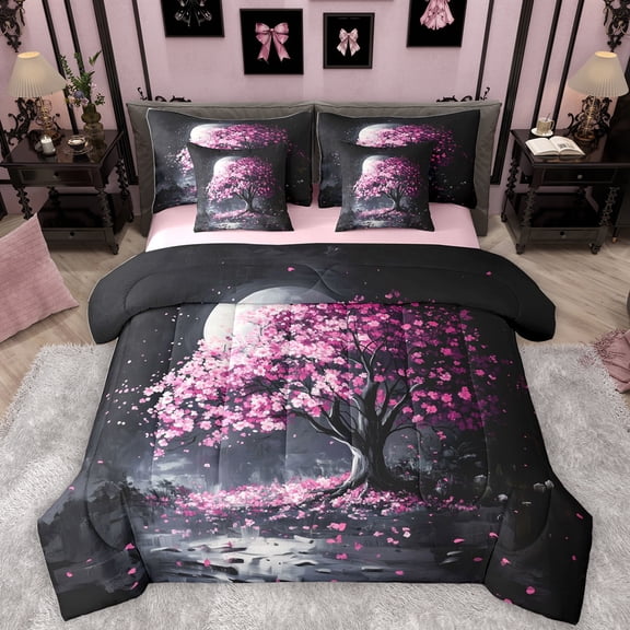 Homewish Rustic Cherry Flower 7 Pieces Bedding Comforter Set,Country Tree Full Bedding Set,Oil Painting Fitted Sheet Flat Sheet For Girl,Microfiber Bedroom Decor Reversible